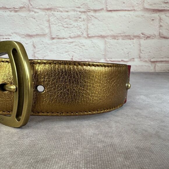 Vintage Gucci Metallic Gold Web Grommet Belt 85/34 - Picture 9 of 11